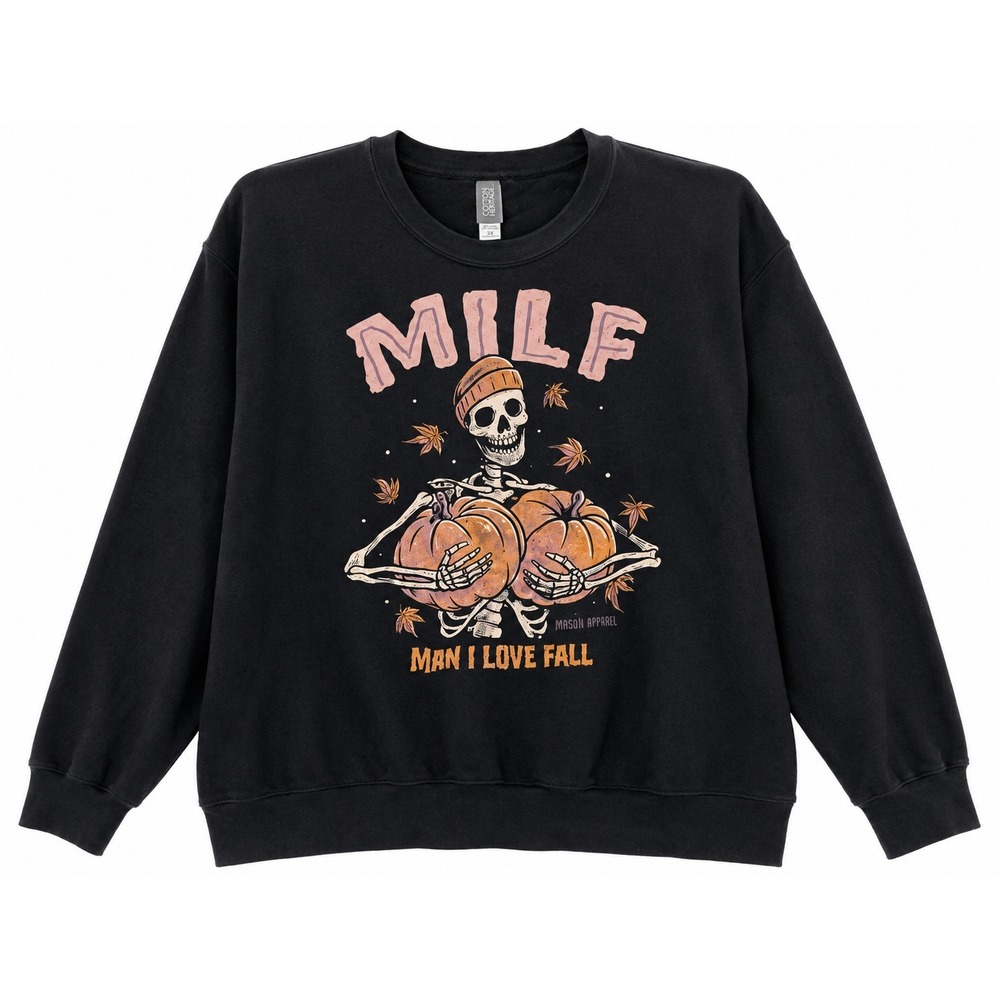 Cotton Heritage MILF Man I Love Fall Skeleton Pumpkin Sweatshirt Black 2XL